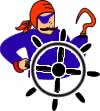 BAADS logo pirate with eye patch and hook hand other hand on helm